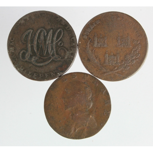 1024 - Tokens, 18thC Ireland (3) copper Halfpennies: Shakespeare / Hibernia seated l. 1792 plain edge; Cama... 