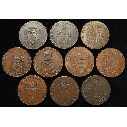 1027 - Tokens, 18thC Southern England copper Halfpennies (10): Hampshire: Emsworth '#21 GVF, Portsmouth #58... 