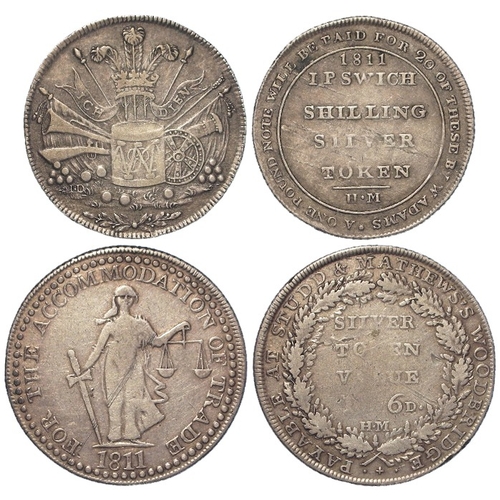 1028 - Tokens, 19thC (2) Suffolk silver: Ipswich, W. Adams Shilling 1811, aVF; and Woodbridge, Studd & Math... 