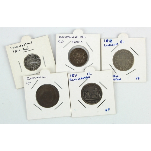 1029 - Tokens, 19thC (5) silver: Gloucester, Ja's Whalley's Shilling Fine; Gloucester County & City Shillin... 