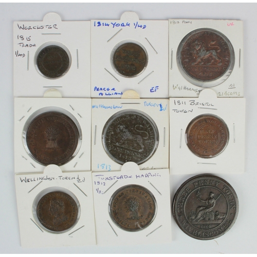 1031 - Tokens, 19thC (9) copper: Wiveliscombe Three Penny Token 1814 (large) aVF, scratches; Tunstead & Hap... 