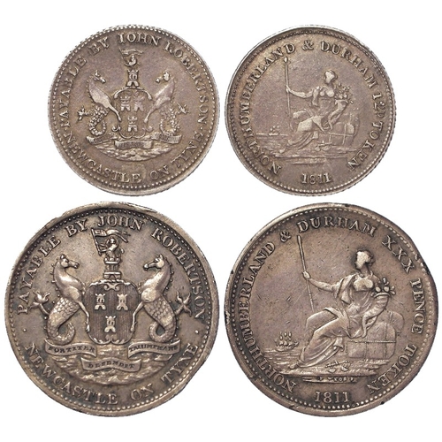 1035 - Tokens, 19thC Northumberland silver (2): Newcastle-upon-Tyne, John Robertson Halfcrown 1811, #1, ton... 