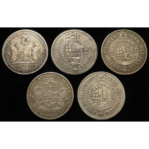 1038 - Tokens, 19thC Somerset silver (5) Bristol Shillings: #21 GF/F, #24 (rare) nVF, #26 VF, #38 nVF/G, an... 