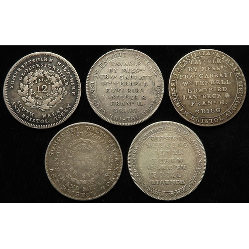 1038 - Tokens, 19thC Somerset silver (5) Bristol Shillings: #21 GF/F, #24 (rare) nVF, #26 VF, #38 nVF/G, an... 