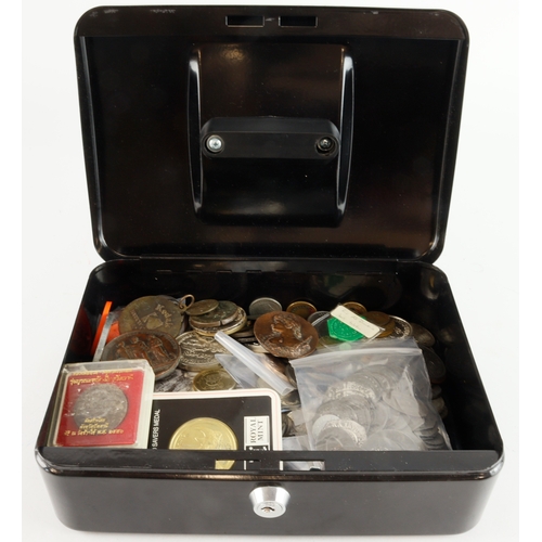 1042 - Tokens, counters, medallions, forgeries etc (478) in a lockable tin with keys.