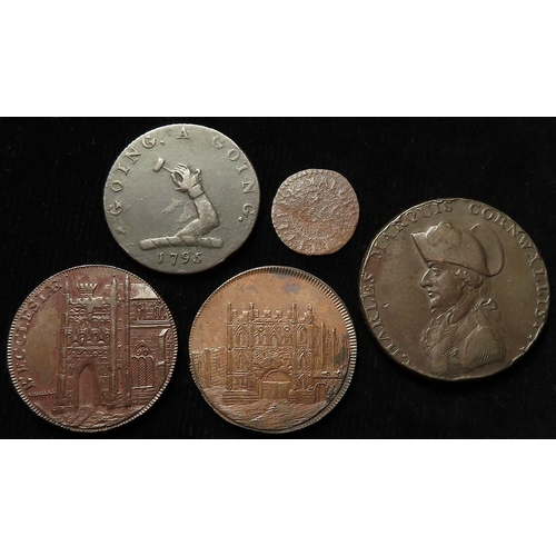 1046 - Tokens, Suffolk (5): 17thC: Debenham, Augustus Cullyer 1/4d 1666, #108, poor; 18thC: Bury St Edmunds... 