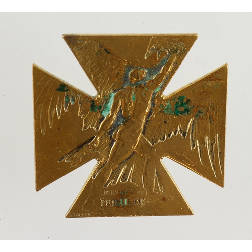 1050 - WWI French fundraising bronze cross by Lalique, d.34.5mm, VF with a touch of verdigris, missing pin.