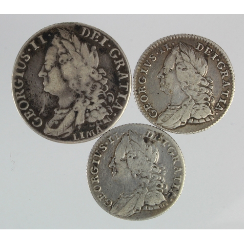 108 - George II early milled silver (3): Shilling 1745 LIMA ex-mount F/GF; Sixpences: 1757 Fine, and 1758 ... 