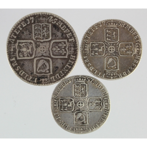 108 - George II early milled silver (3): Shilling 1745 LIMA ex-mount F/GF; Sixpences: 1757 Fine, and 1758 ... 