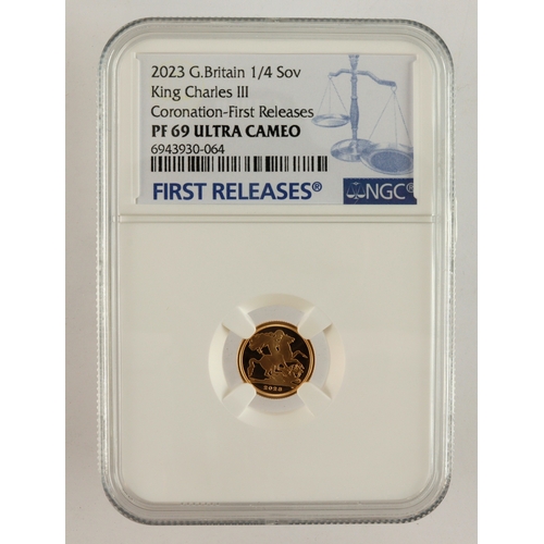 11 - Quarter Sovereign 2023 Proof slabbed NGC PF 69 ULTRA CAMEO Charles III FIRST RELEASES.