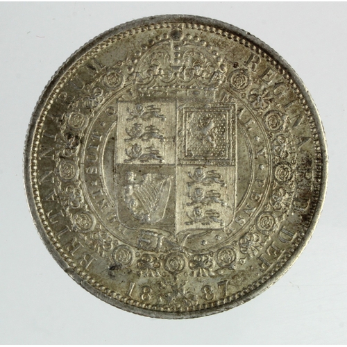 123 - Halfcrown 1887 Jubilee, toned EF, edge nick.