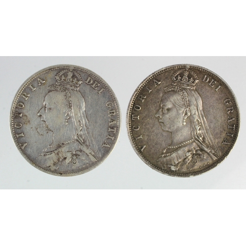 131 - Halfcrowns (2) QV Jubilee hd: 1889 GVF trace ex-mount, and 1891 F/GF