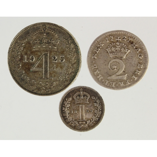 138 - Maundy Oddments (3): 4d 1923 toned GVF, 2d 1727 F/GF, and 1d 1899 EF