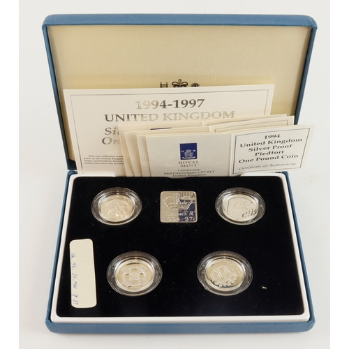 150 - One Pound Silver Proof Piedfort four coin set 1994 - 1997 aFDC/FDC boxed as issued