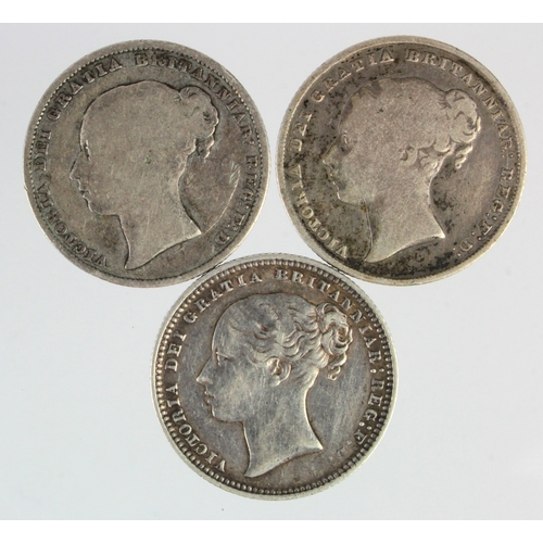 194 - Shillings (3): 1842 Fine, 1862 nF, and 1878 dn3 VF