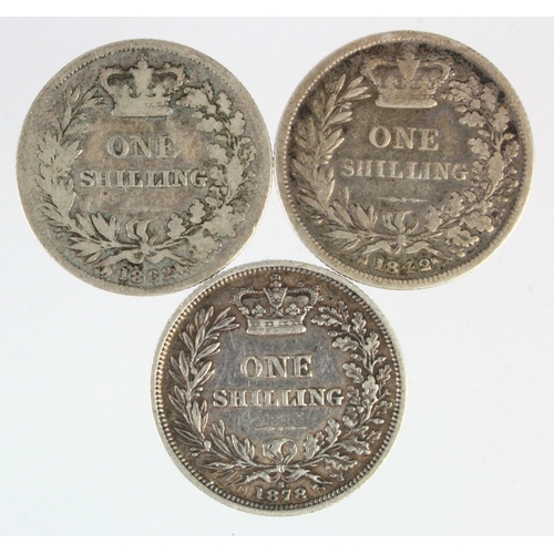 194 - Shillings (3): 1842 Fine, 1862 nF, and 1878 dn3 VF