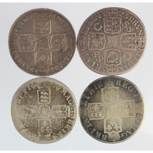 195 - Shillings (4): 1696 Fair, 1711 Fair, 1723 SSC Fair/VG, and 1745 LIMA F/VF