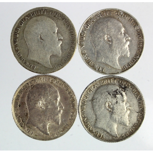 203 - Sixpences (4) Edward VII: 1902 nVF, 1906 VG, 1907 VF, and 1910 GEF