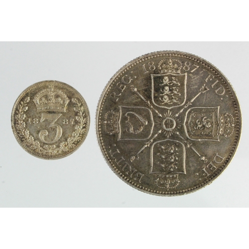 212 - Victorian Jubilee hd silver (2): Florin 1887 nEF, and Threepence 1887 EF