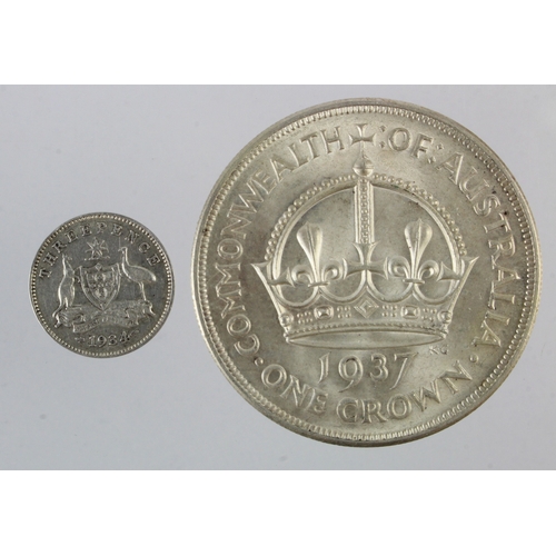 213 - Australia (2) silver: Crown 1937 UNC, some bagmarks, along with a Threepence 1934/3 faint overdate n... 