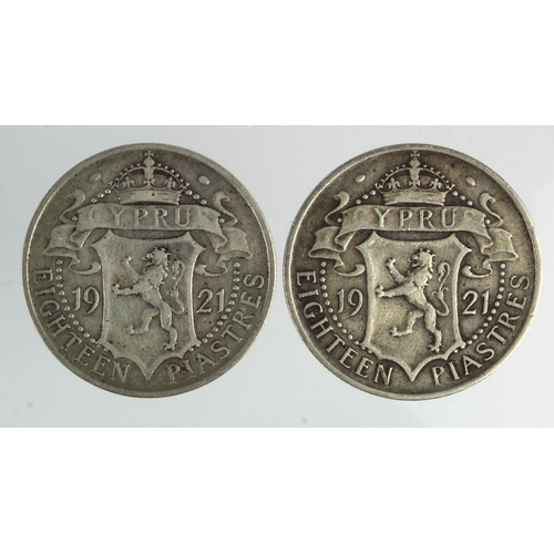 236 - Cyprus (2) silver 18 Piastres 1921 F/GF