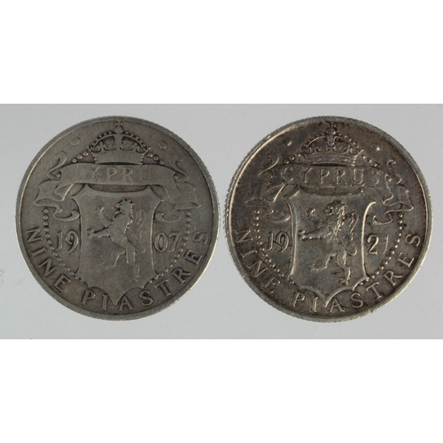 239 - Cyprus (2) silver Nine Piastres: 1907 Fine, and 1921 VF