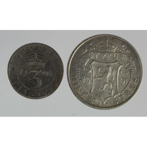 240 - Cyprus (2) silver: Nine Piastres 1901 GF, and 3-Piastres 1901 Fine.