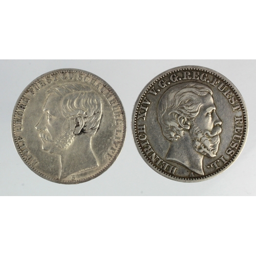 251 - German States silver Thalers (2): Schaumburg - Lippe 1865B, KM# 47, lightly cleaned GVF; and Reuss -... 