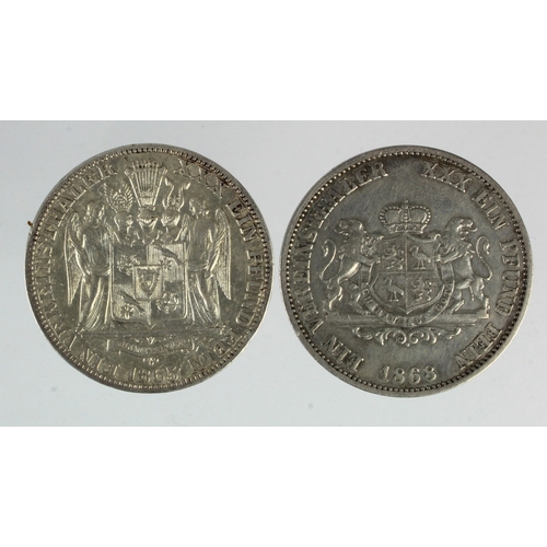 251 - German States silver Thalers (2): Schaumburg - Lippe 1865B, KM# 47, lightly cleaned GVF; and Reuss -... 