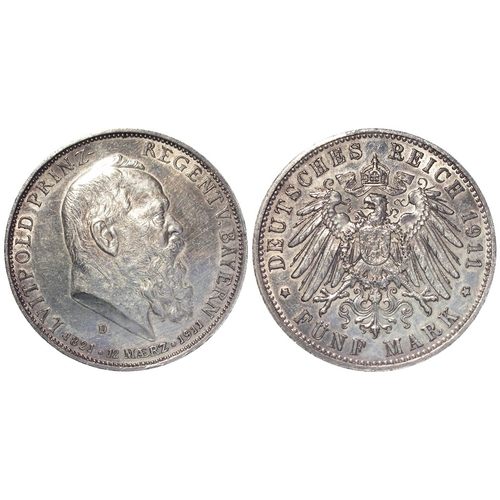 252 - German States, Bavaria silver 5 Mark 1911D, EF