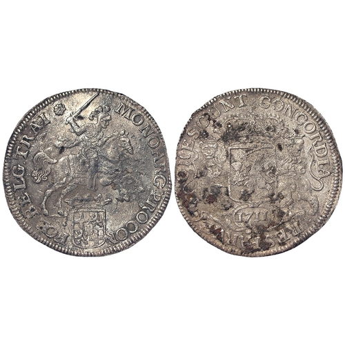 304 - Netherlands, Utrecht silver Ducaton (Rider) 1711 mm. rose, 31.94g, KM# 83.1; a slightly bent shipwre... 