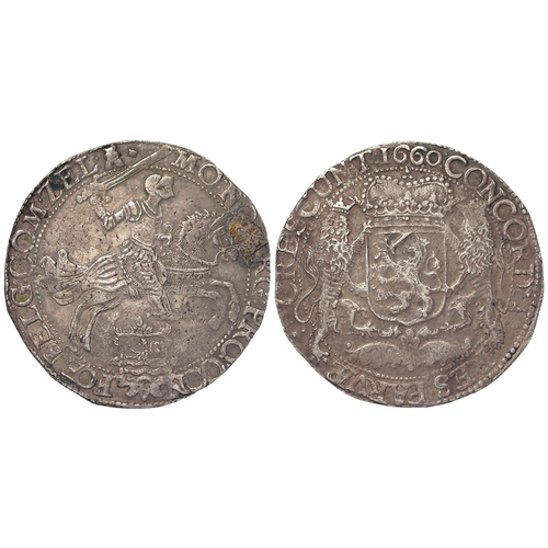 313 - Netherlands, Zeeland silver Ducaton (Rider) 1660 mm. castle, 32.44g, KM# 41.1; a shipwreck piece wit... 