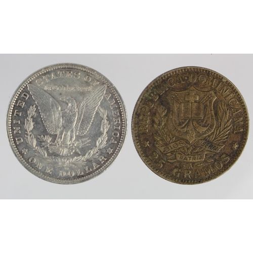 380 - World Silver Dollars (2): USA Morgan $1 1881O nEF, and Dominican Republic 1 Peso 1897A, deeply toned... 