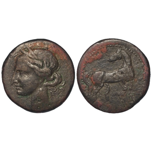 382 - Ancient Greek (Phoenician) Zeugitana, Carthage AE25, 8.58g, 230-20 BC. Hd of Tanit l. / Horse r., hd... 