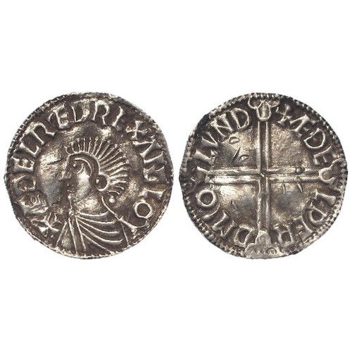 389 - Anglo-Saxon: Aethelred II silver Penny, Long Cross type, London mint, moneyer Aethelwerd. 1.67g. S.1... 