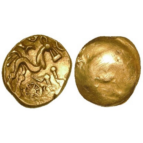 404 - Celtic Britain, early uninscribed coinage from c.65BC, uniface gold Stater, triple-tailed horse r. w... 