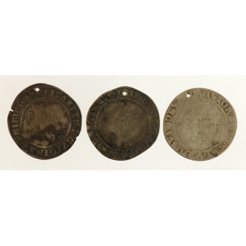 447 - Elizabeth I hammered silver Shillings (3): mm. cross-crosslets holed Fair, mm. martlet holed VG, and... 