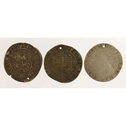 447 - Elizabeth I hammered silver Shillings (3): mm. cross-crosslets holed Fair, mm. martlet holed VG, and... 