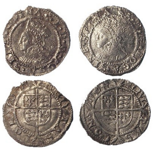 452 - Elizabeth I Second Issue silver Pennies (2): mm. martlet, 0.55g, S.2558, GF, light graffiti rev; and... 