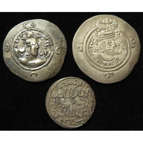 489 - Persian hammered silver (3): 2x Sasanian Drachms of Khusru I and II, and a Seljuks of Rum Dirham of ... 