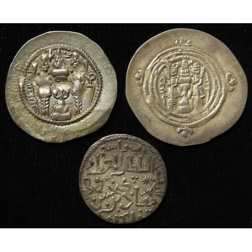 489 - Persian hammered silver (3): 2x Sasanian Drachms of Khusru I and II, and a Seljuks of Rum Dirham of ... 