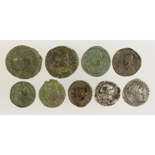 492 - Roman Coins (9): Trajan AR Denarius, Mars std. l. hold. Victory & trophy rev., scuffed GF; a Trajan ... 