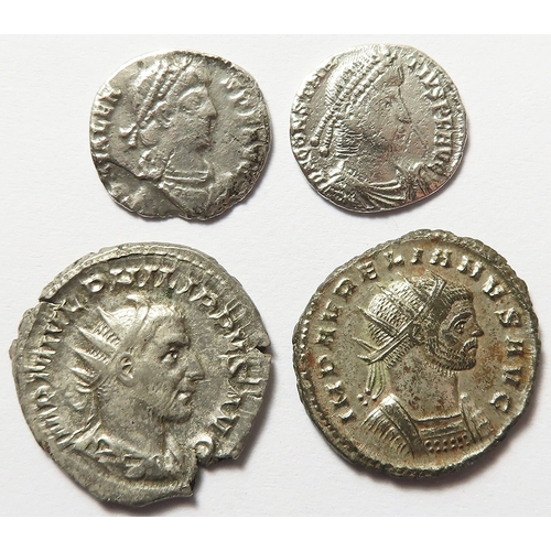 497 - Roman Imperial (4) silver and billon: Philip I AR Antoninianus, FIDES MILIT, EF; Aurelian BI Antonin... 