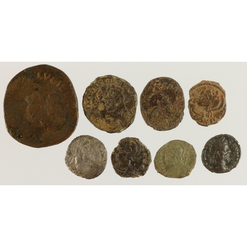 504 - Roman Imperial coins (8): An unidentified late Roman silver Siliqua, wreath type rev., 1.75g, chippe... 