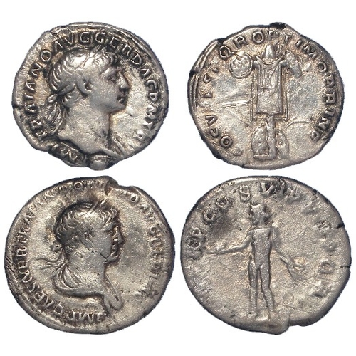 508 - Roman Imperial silver Denarii of Trajan (2): Rome 107-108 AD, trophy of arms set on tree stump rev.,... 