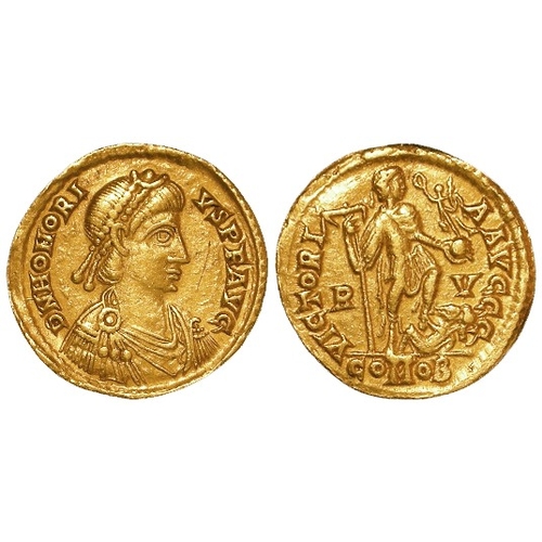 515 - Roman Imperial: Honorius (385-423 AD) gold Solidus of Ravenna, Italy 402-406 AD, Emperor r., holding... 