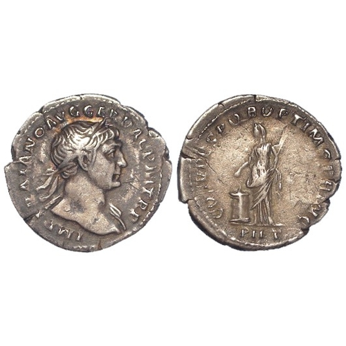 522 - Roman Imperial: Trajan silver Denarius, Pietas sprinkling incense over altar l., 2.84g, toned VF, co... 