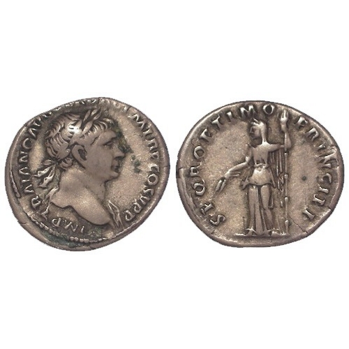 523 - Roman Imperial: Trajan silver Denarius, Rome 107 AD, Ceres standing l., holding grain-ears and a lon... 