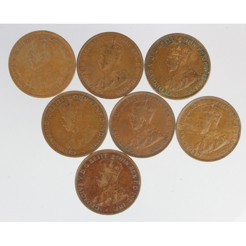 539 - Australia (7) scarce Pennies: 1914 Fine, 1918-I VF, 1920 dots above and below VG, another in Fine, 1... 