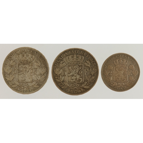 542 - Belgium (3) silver: 5 Francs 1849 VF/GVF, 5 Francs 1870 VF, and 2½ Francs 1848 (scarce) nVF, edge kn... 